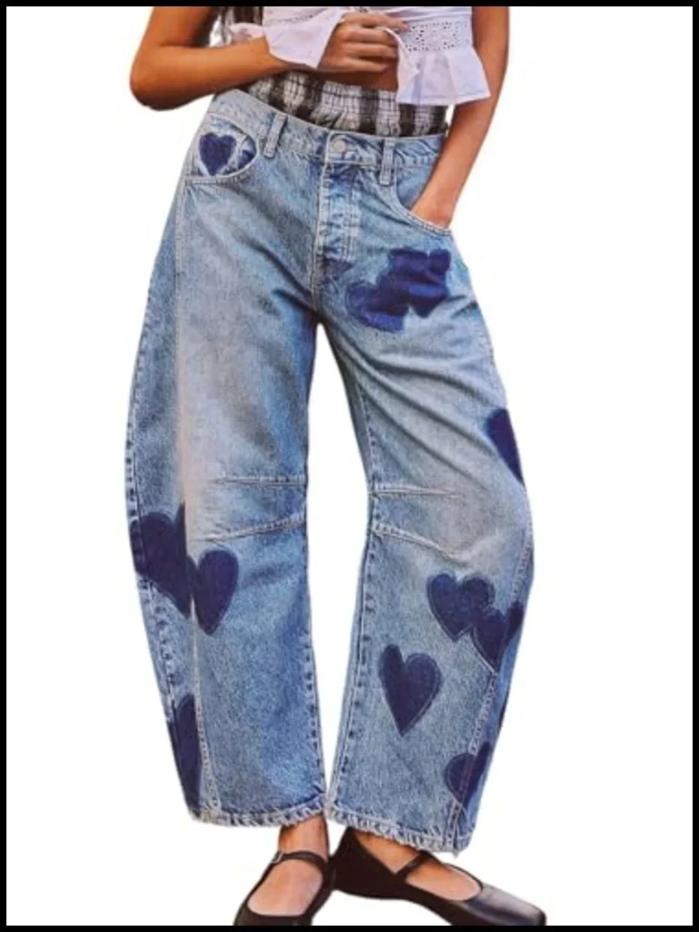 Y2k Barrel Wide Leg Distressed Printed Boyfriend Horseshoe Denim Pants